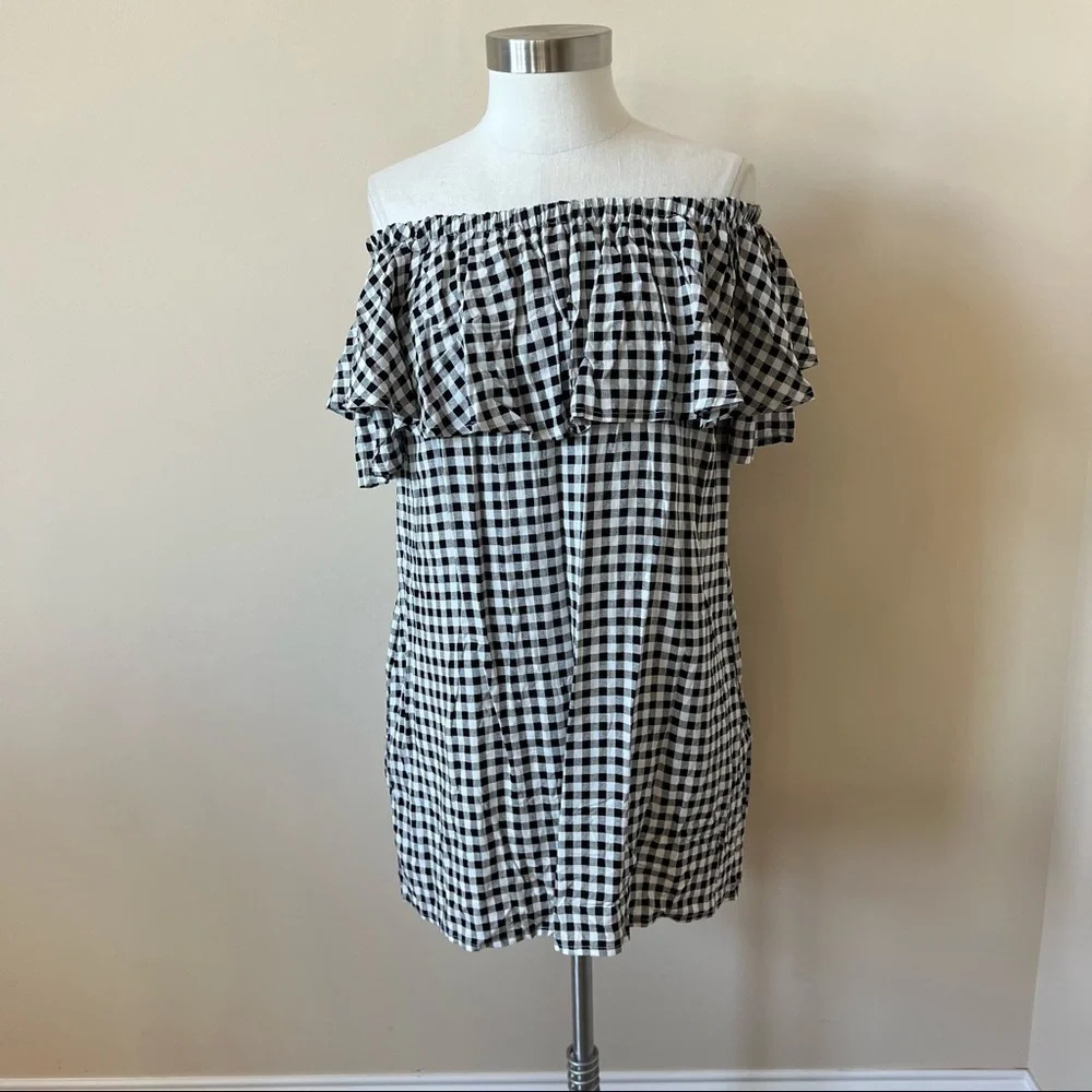 Neiman Marcus gingham check off the shoulder dress black white 5143